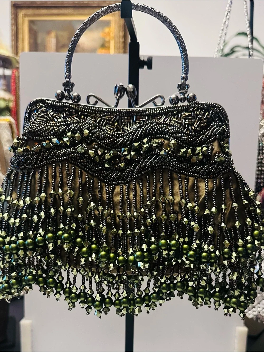 Olive Green Satin Beaded Mary Frances Inspired design Clutch/Purse with chain NW
